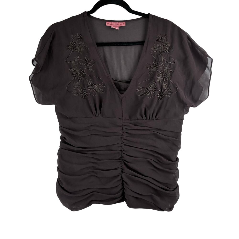 Vintage Y2K Bandolino Ruched Sheer Babydoll Blouse Top Women’s 10 Brown Lined